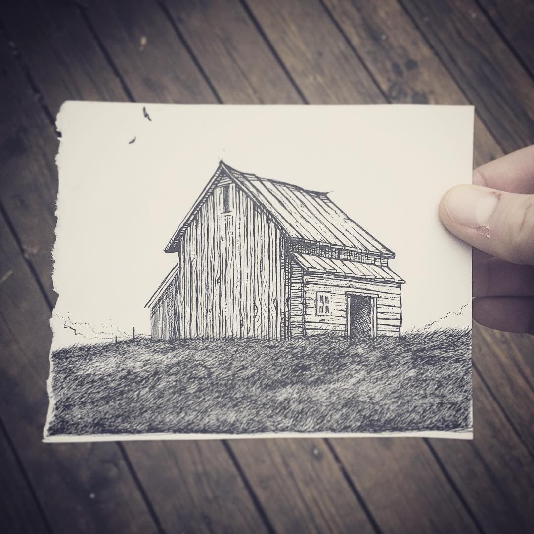 Ink drawing of a barn