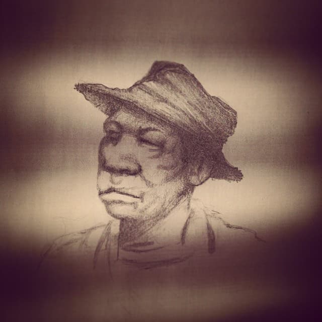 Graphite drawing of an African American man wearing a straw hat