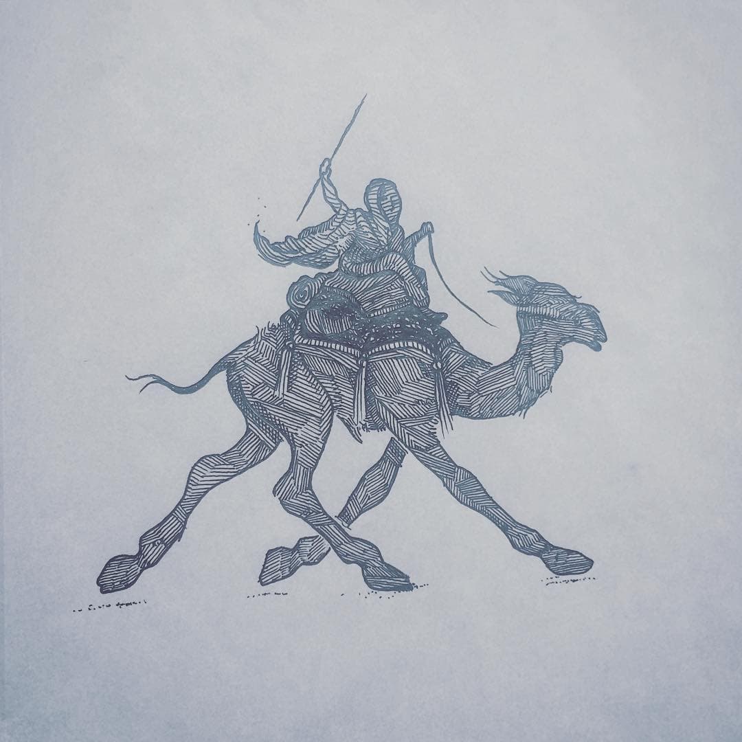 Ink drawing of a rider atop a camel with his stick drawn behind his head