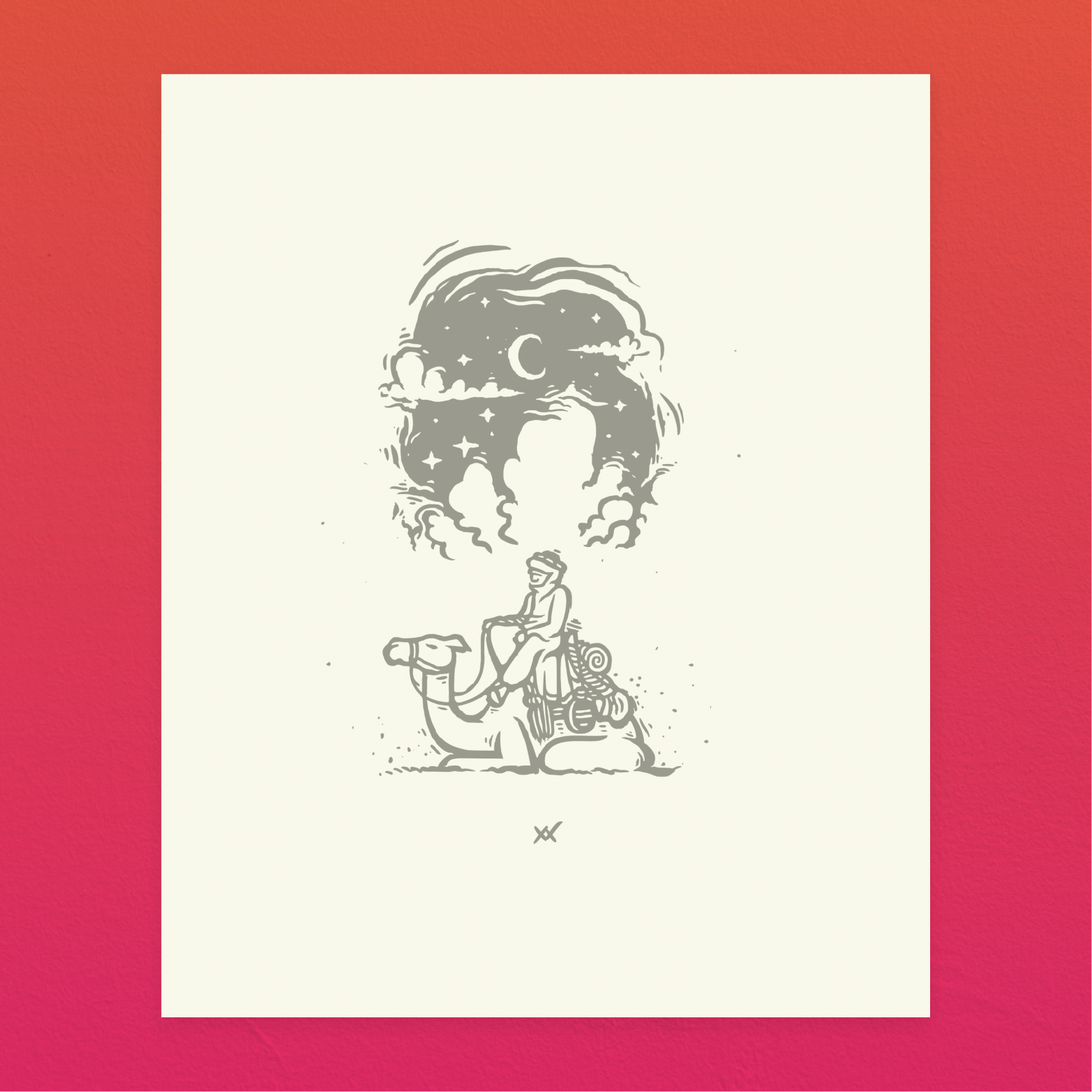 Screen print of a sitting camel with rider atop sitting under a crescent moon and starry night sky