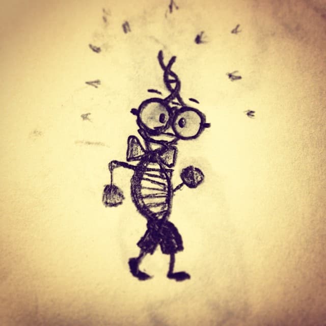 Graphite thumbnail sketch of a cute DNA strand character wearing shorts, glasses, and a bowtie