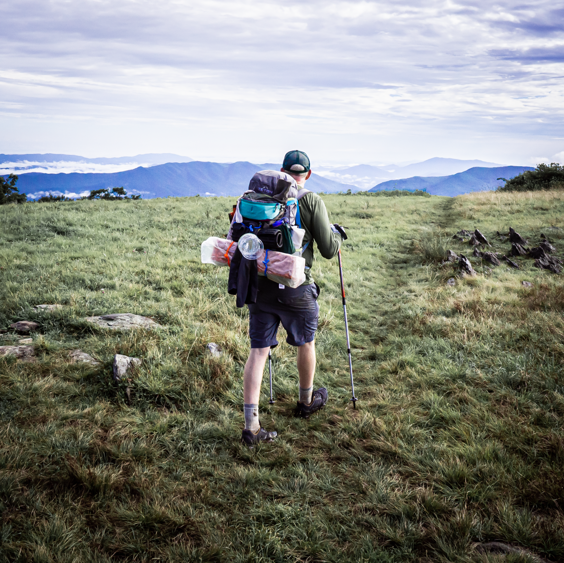 Backpacker hiking atop Gregory Bald looks out over the blue rolling mountains in Great Smoky Mountains National Park