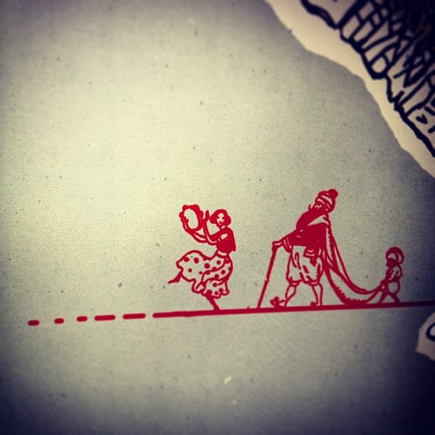 Screen print of a tamborine dancer, a king, and a servant keeping the king's robe off the ground