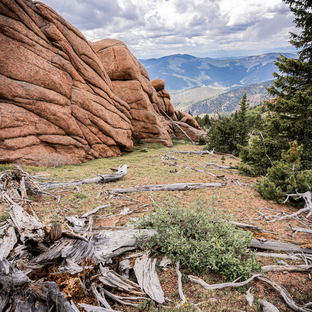 A fecal looking smooshed flat rock structure extends into the background mountain expanse