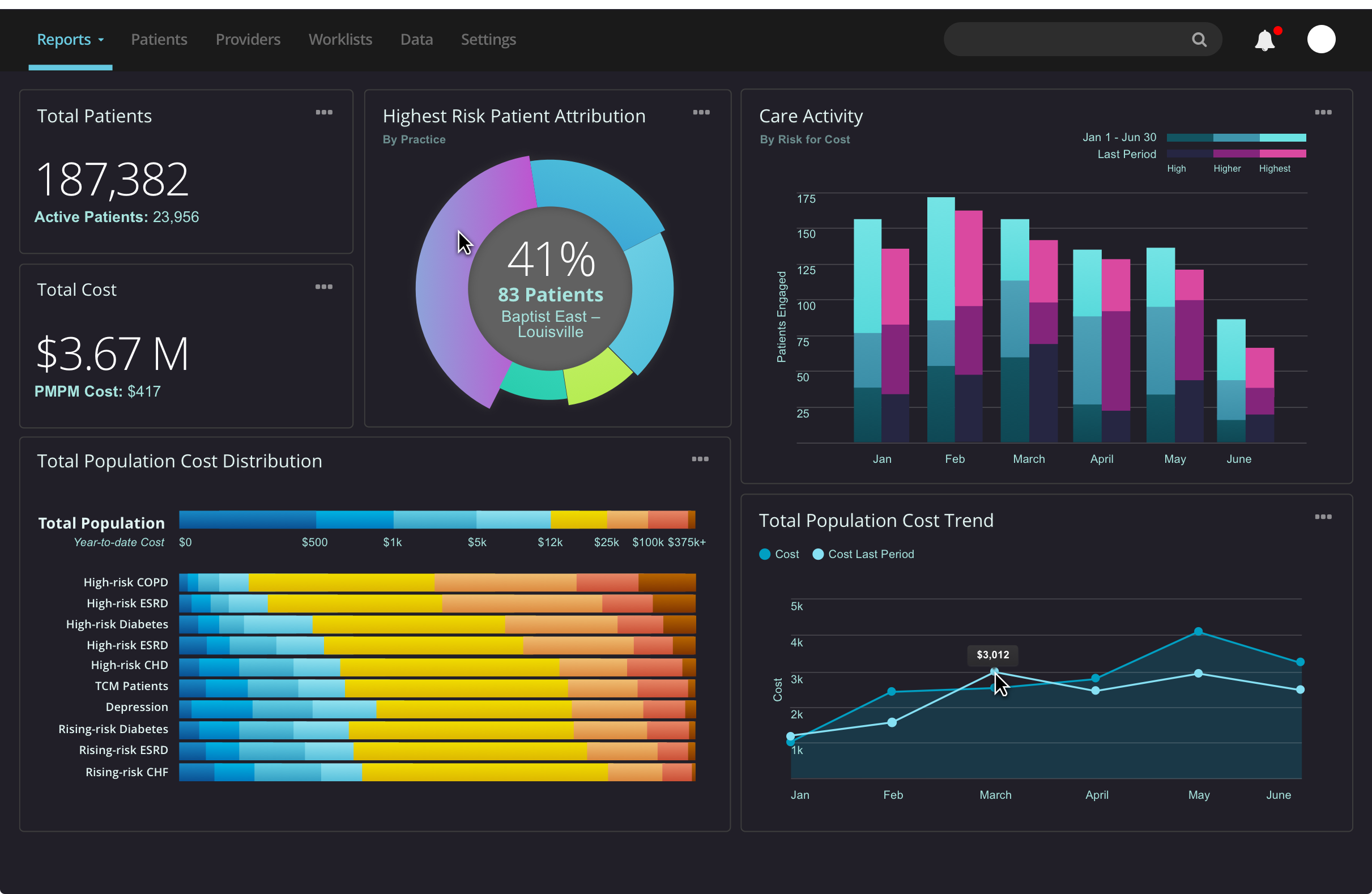 Reporting Dashboard design used by program managers to monitor patient cohorts and track overall program progress