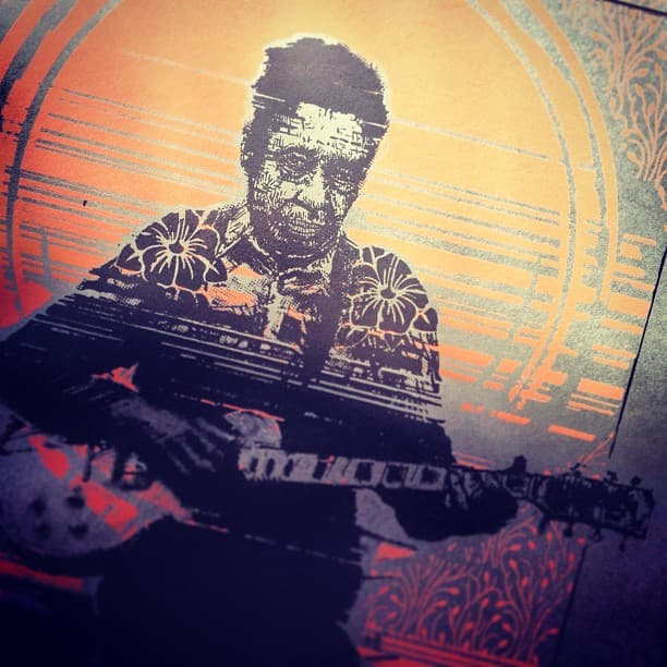Screen print of RL Burnside playing guitar
