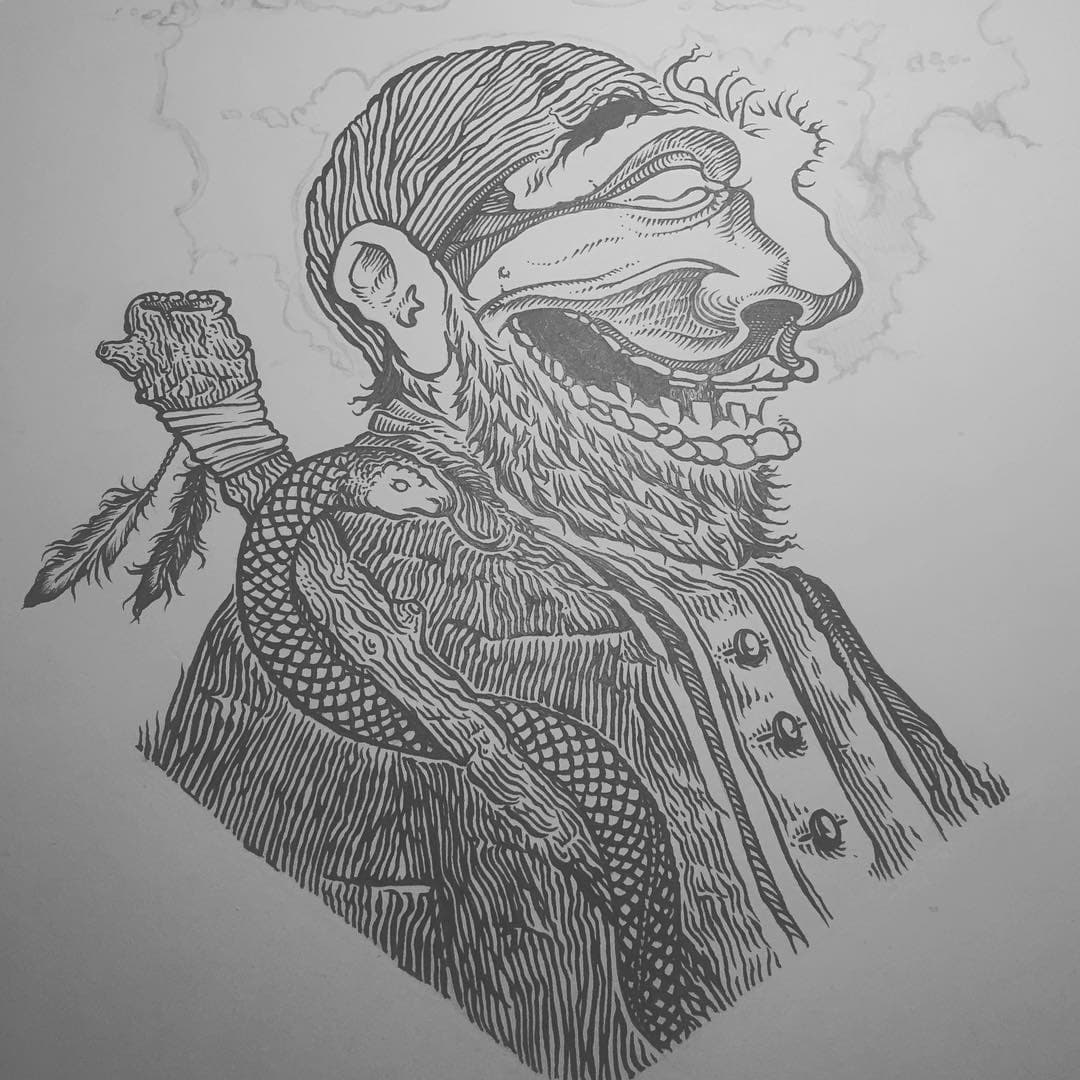 Ink drawing bust of a wide smiling man and a staff with a snake spiraling up it near his right shoulder