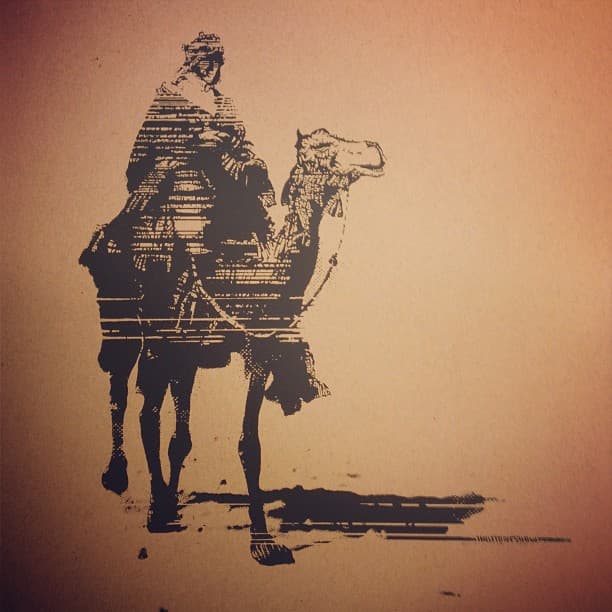 Screen print of TE Lawrence riding a camel